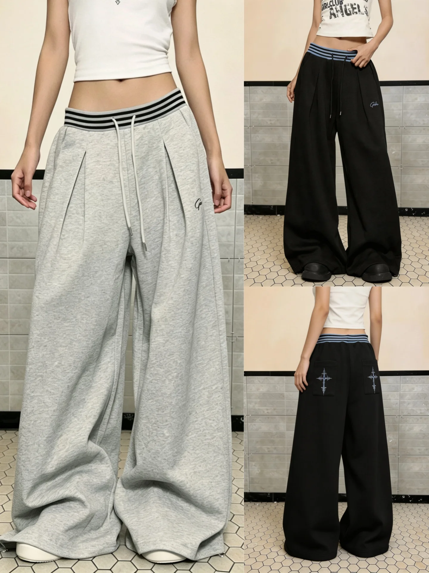 American Style Patchwork Striped Cross Stitched Loose Wide Leg Pants Dance Sporty Trousers for Men And Women Spring Autumn