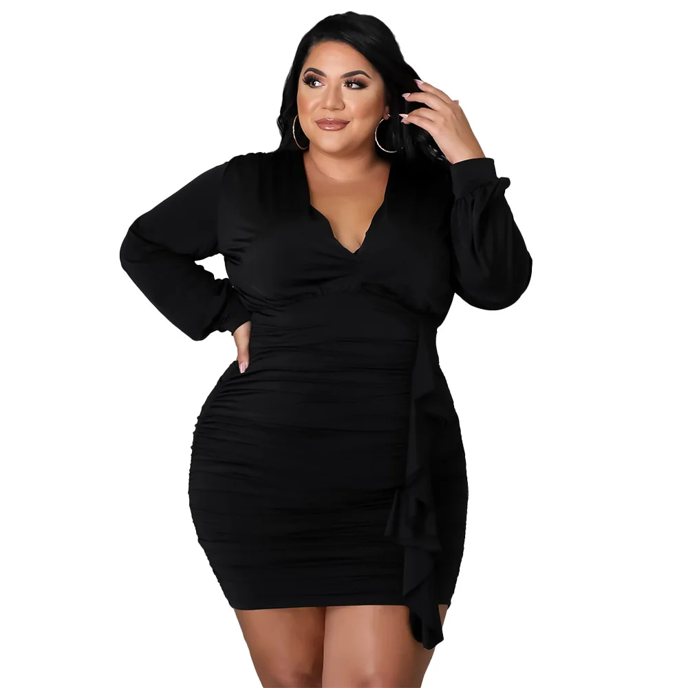 L-4XL autumn plus size dresses for women clothing fashion sexy solid color long sleeve v neck mini dress Wholesale Dropshipping