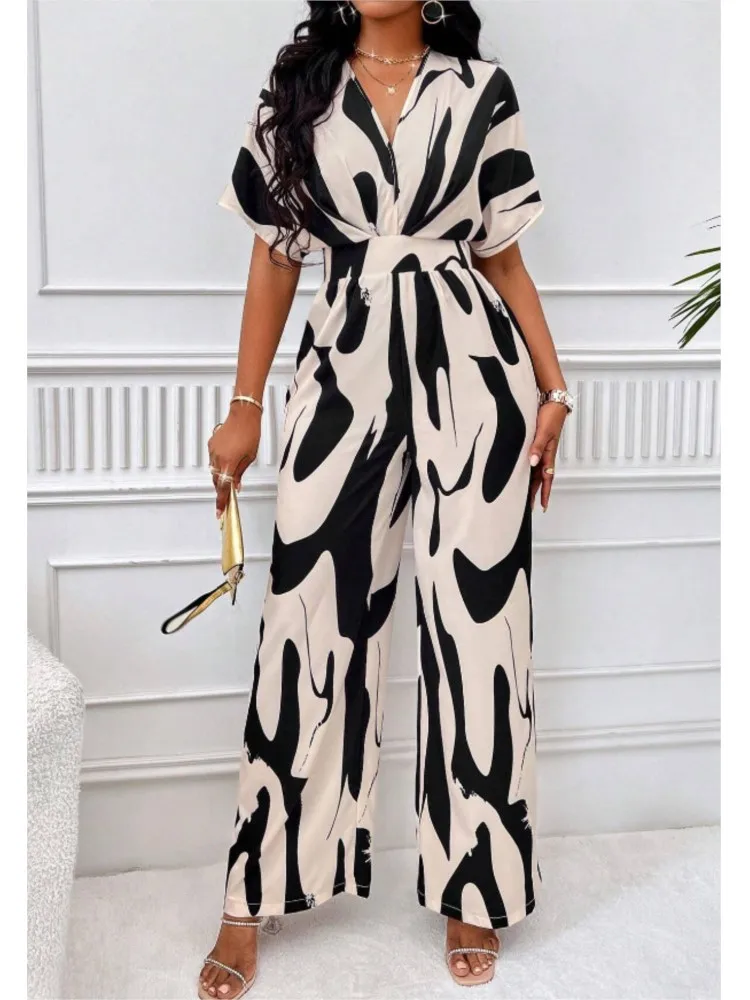 2024 Women Wide Leg Jumpsuit Spring Summer Fashion V Neck Short Sleeve High Waist Full Body Printed Jumpsuits Casual One Pieces