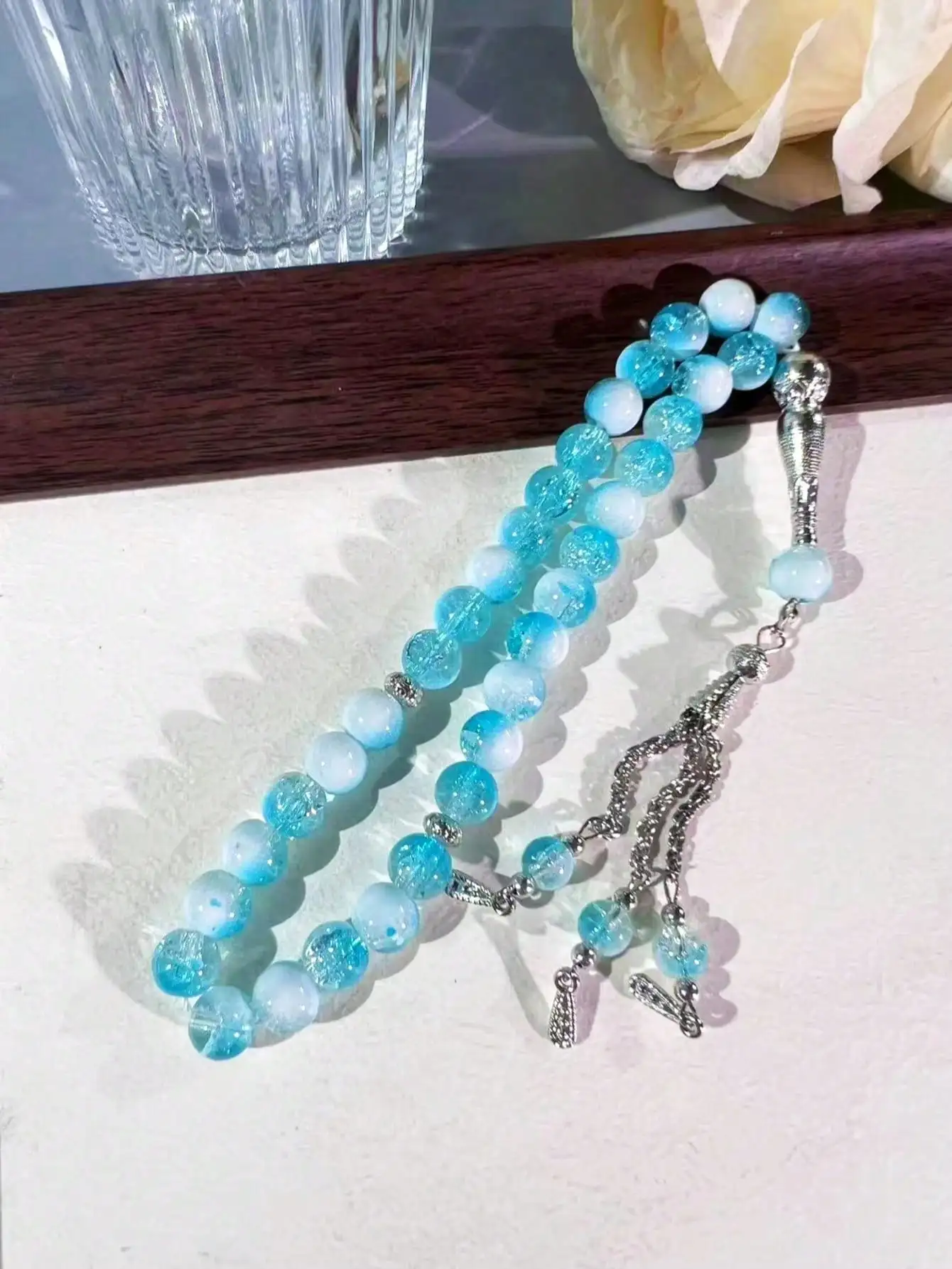 10mm 33Pcs Cracked Glass Muslim Prayer Beads Tasbih, Handmade Islamic Misbaha Rosary Bracelet with Exquisite Texture, Portable R view 3