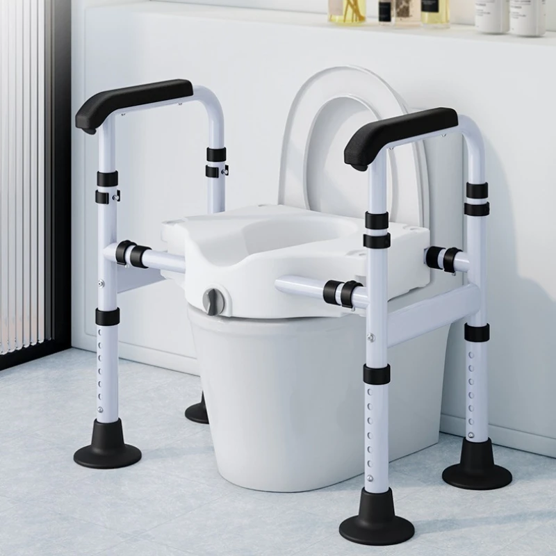 ‌No Drill Toilet Riser Seat with Pads 14Level Adjustable Commode Chair Standing Aid Handrail Support Squat Converter Safety Tool