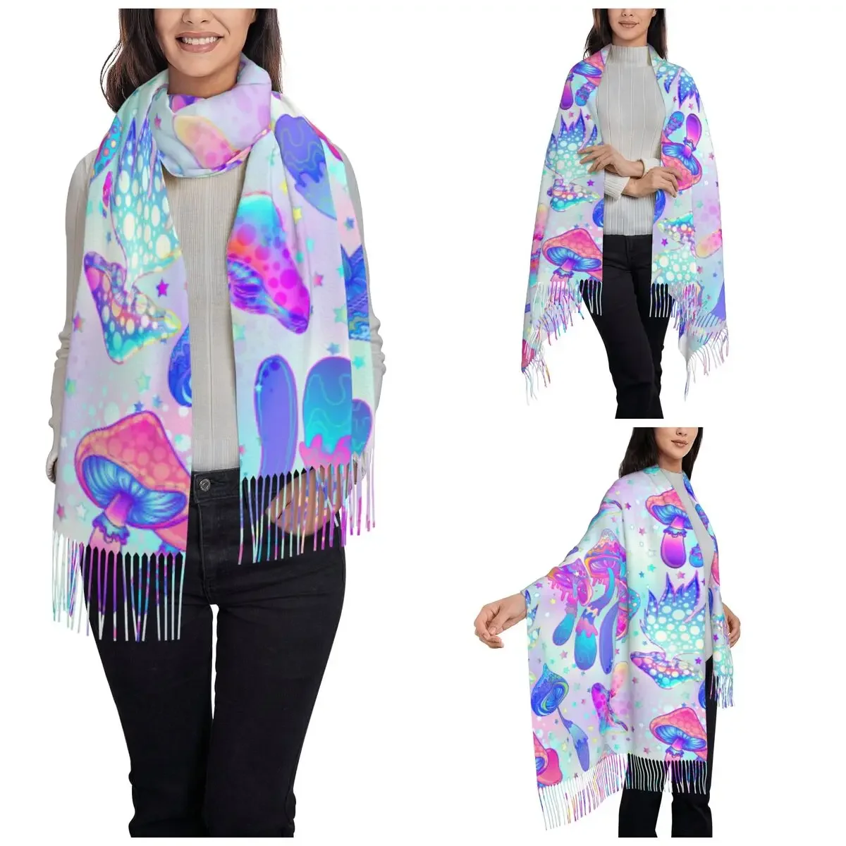 Women's Tassel Scarf Psychedelic Mushrooms Long Soft Warm Shawl and Wrap Magic Hippie Reversible Cashmere Scarf