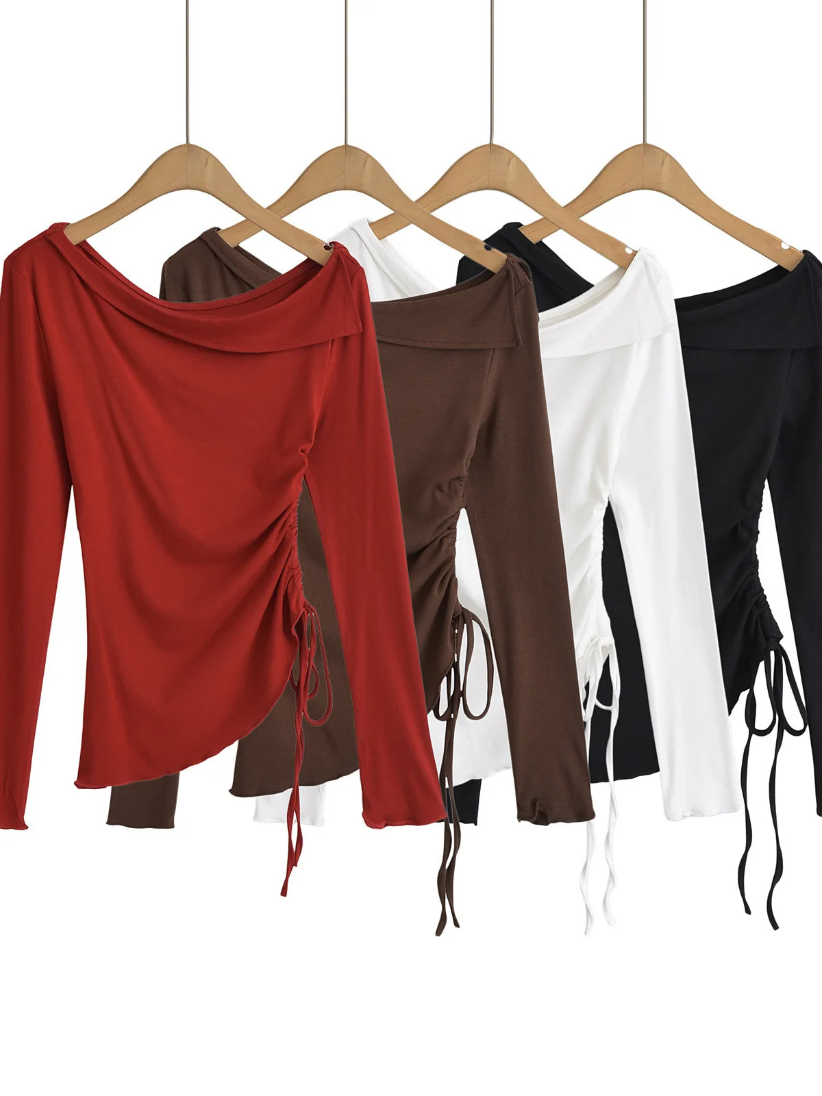 Ontwerp 2024 herfst gevoel schuif hals off shoulder lange mouw trui vrouwen cinching taille effen slanke casual veelzijdige top 45 MH