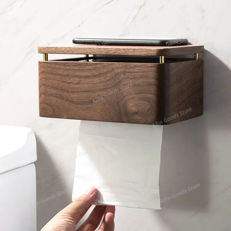 Wall Hanging Toilet Tissue Box, Perforation-free, Hand Towel Box, Household Creative, Black Walnut, Storage Shelf