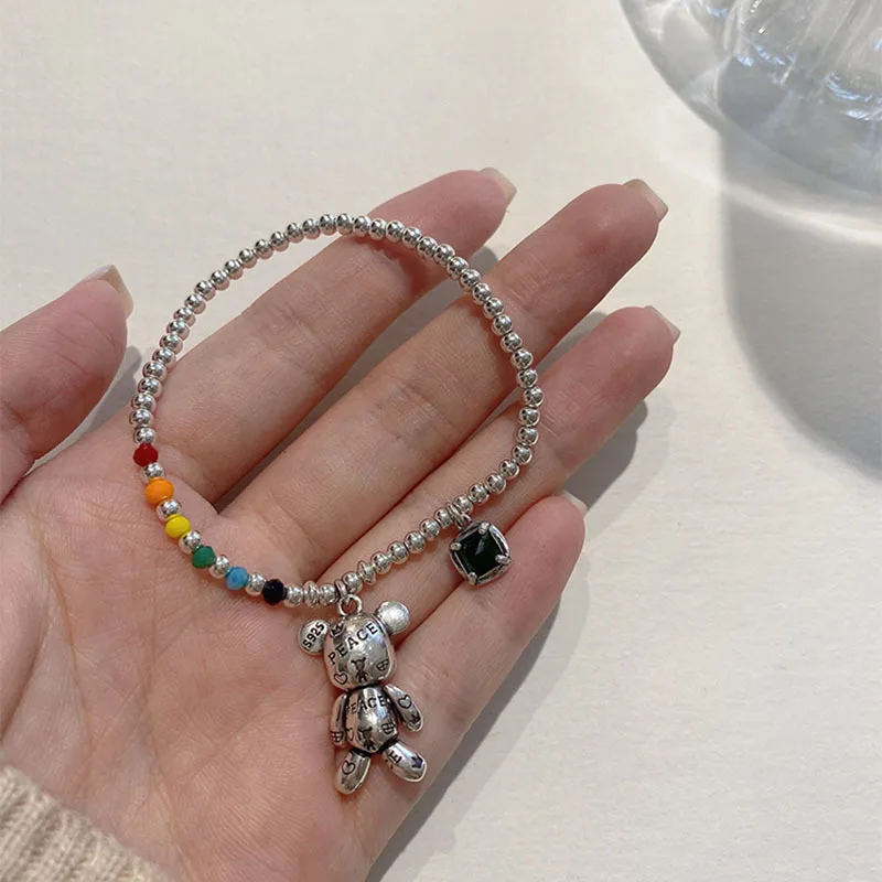 Silver Color Necklace Charm Bracelet Jewelry Colorful Round Beads Design Cute Bear Zircon Pendant Party Jewelry sl208 image 4
