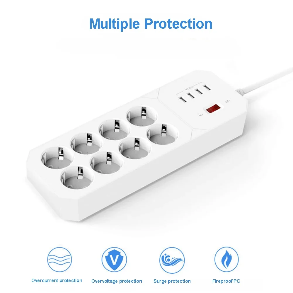 Melery Power Strip Surge Protector 8 AC Outlets EU Plug Socket Electrical USB Charging Port Adapter Wall Mounted Extension Cord