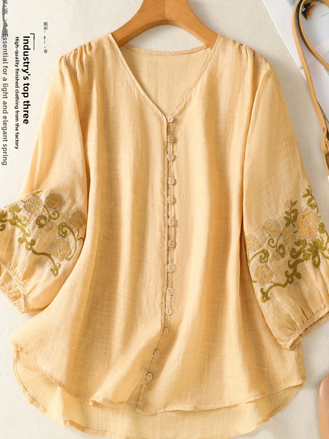 Haut de gamme rétro brodé lin v-ne irt femmes été léger ample t-shirt décontracté-quarts Sve lin matériel haut