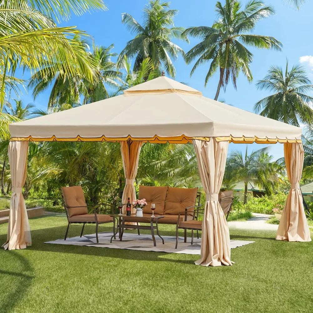 12' x 12' Outdoor Canopy Gazebo, Double Roof Patio Gazebo Steel Frame with Netting and Shade Curtains for Garden,Patio,Party