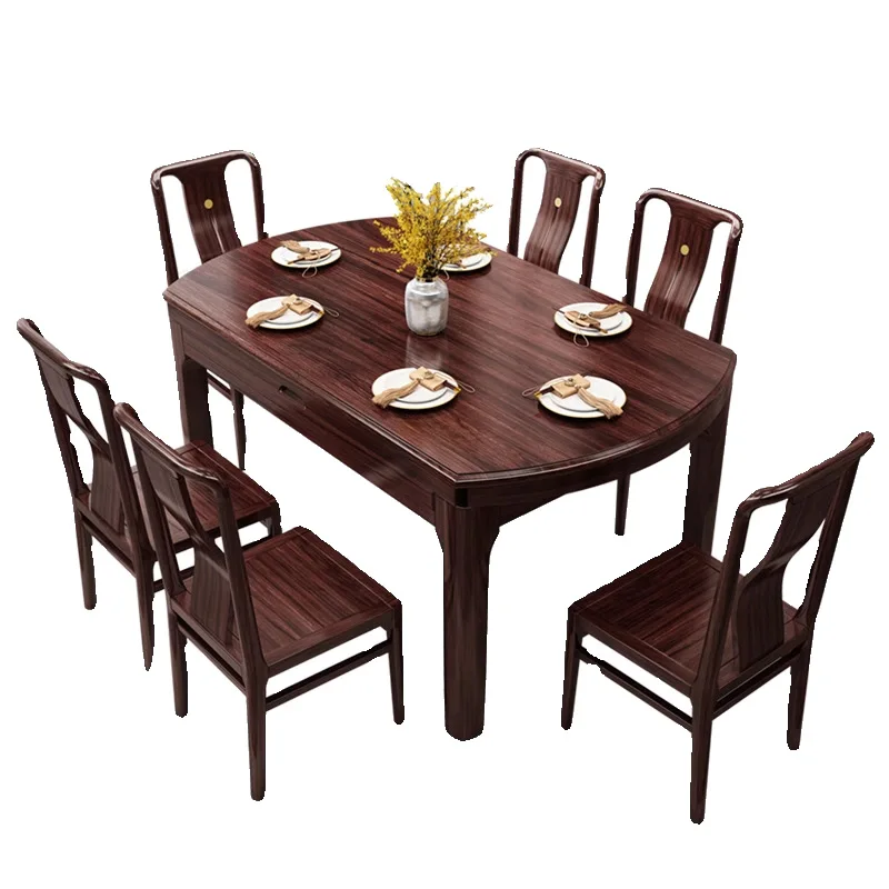 

Ebony solid wood dining table and chairs, household, small folding round dining table