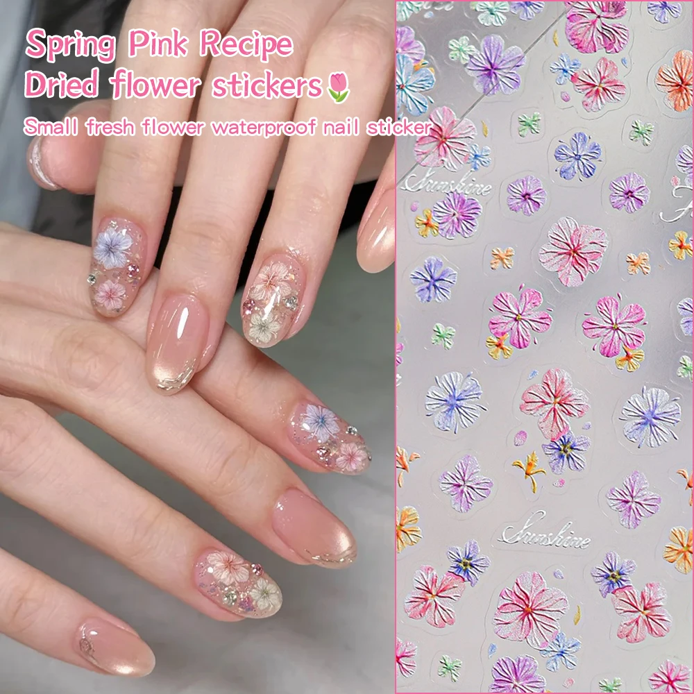 KANIU 1 Stück Frühlings-Nagelaufkleber mit simulierten Blumen, mikrogeprägte, farbenfrohe Blumenmotive für französische/nude Nägel, schaffen eine frühlingshafte Stimmung