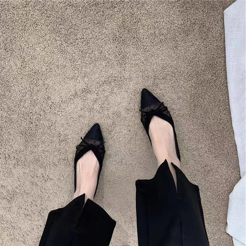 2026 Summer New Polka Dot Single Shoe Air Mesh Pointed Toe Butterfly Knot Soft Bottom Shallow Mouth Flat Heels Casual Women Shoe - view 2