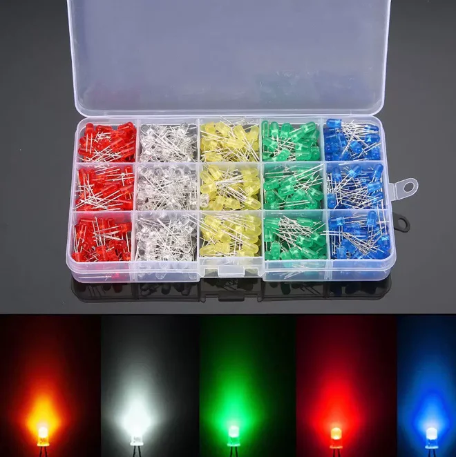5Colour X 100pcs=500Pcs 5Value Yellow Blue White Red Green+ 1BOX Assortment Set Pack LED Diode Kit 5MM F5 Mix Color
