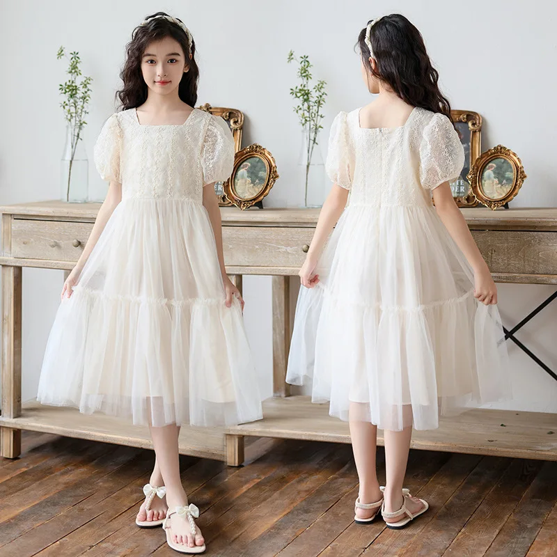 Girls Princess Dress Puff Sleeve Lace Tiered A-Line Birthday Party Wedding Dress for Kids Summer Beach Vacation Daily Casual