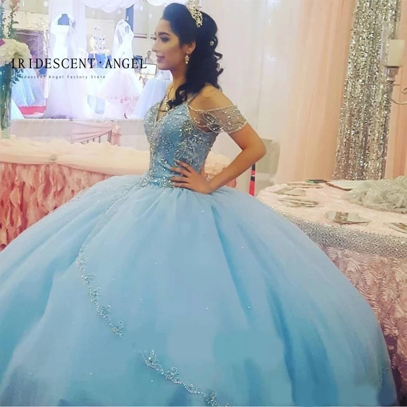 IRIDESCENT Ball Gown 15 Year Old Girls Quinceanera Dresses Beading Spaghetti Straps Tulle Birthday Party Dress Robe De Soirée