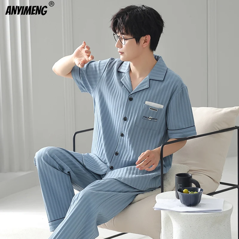 Spring Autumn Men Cotton Pajamas Soft Short Sleeves Long Pants Pajama Big Size L-3XL Man Sleepwear Soft Lapel Loungewar