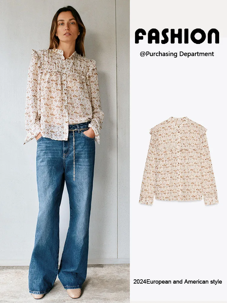

Spring New Arrival Women's irt Elely Printed Thin Chiffon Long Sve Turn-down Collar Commute Sle Floral Patterned