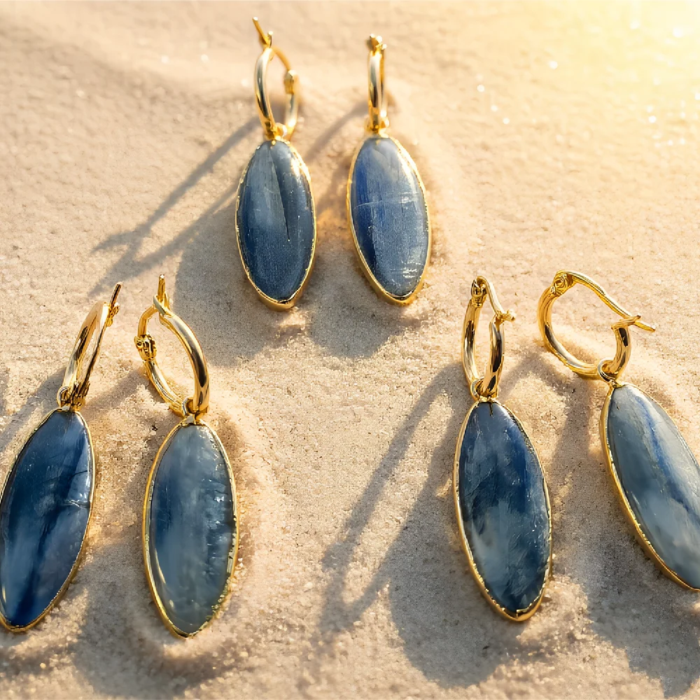 Wholesale Golden Plated Bezel Set Oval Kyanite Huggie Drop Earrings Natural Healing Stone Ear Craft Jewelry E2R257