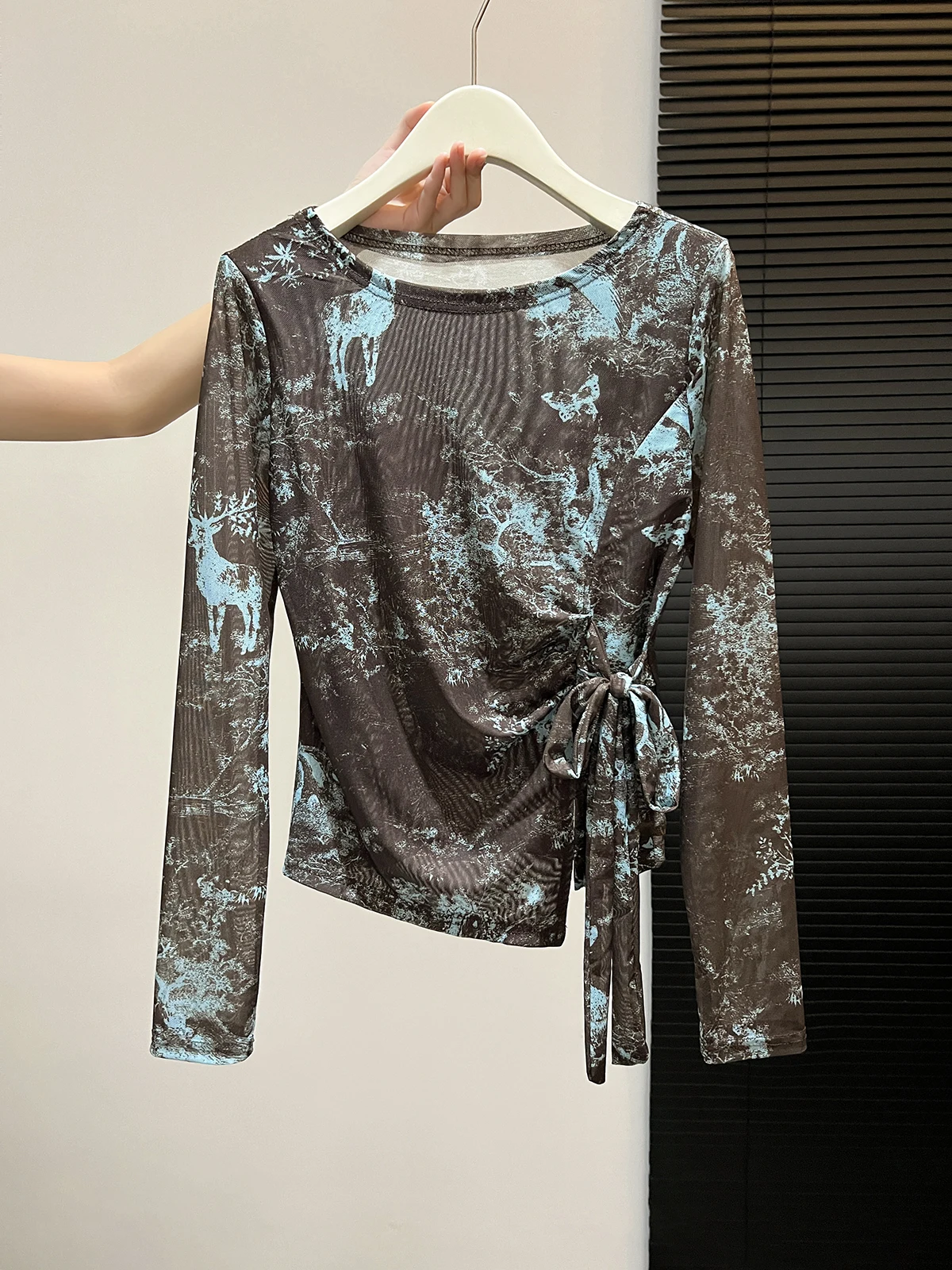 

Summer New Style Women's Long Sleeve Mesh T-Shirt Dyeing Printing Thin Sun Protection Waist Cinching Belted Korean Style Top