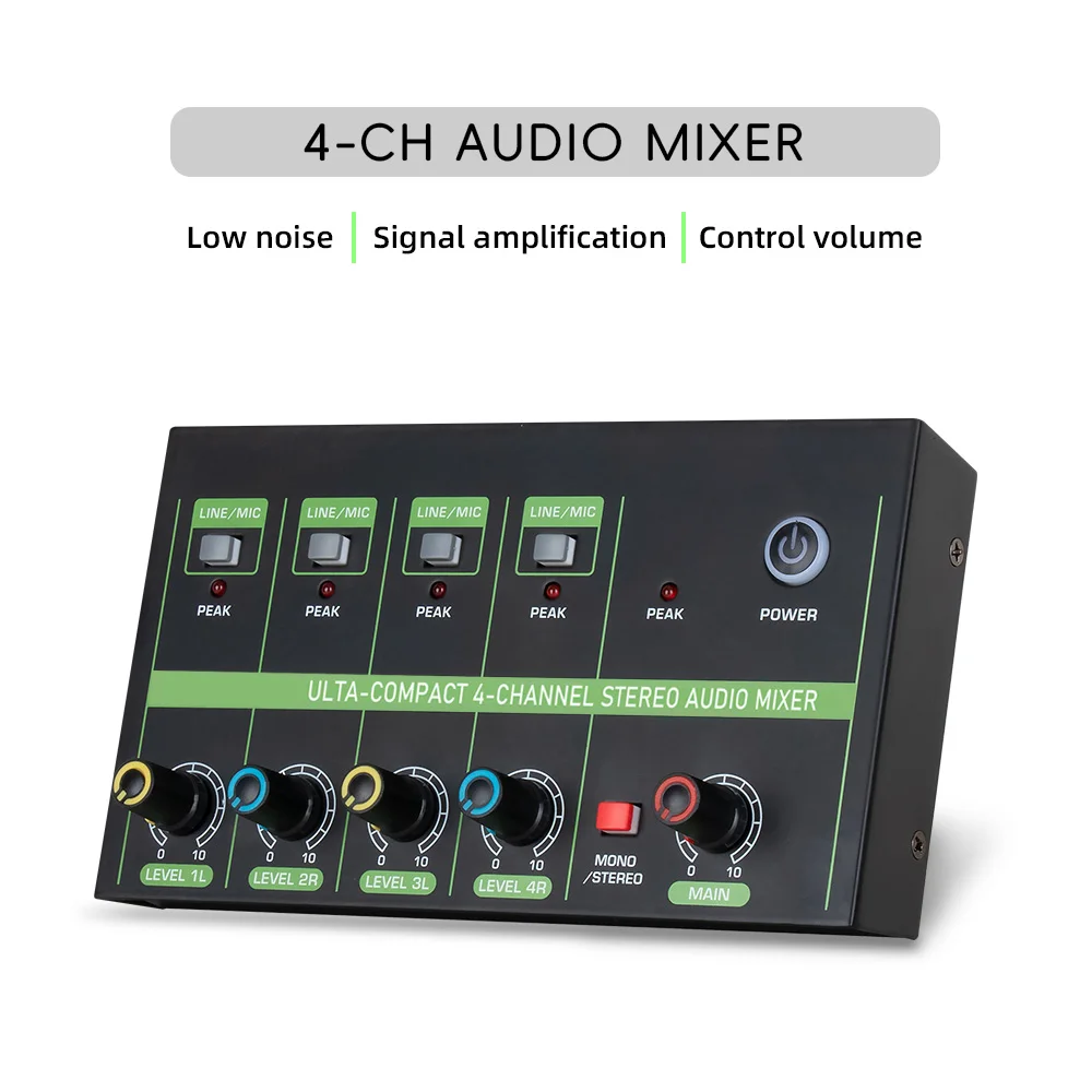 4-Kanal-Audiomischer, Mikrofon, geräuscharmer Mono-Stereo-Line-Mixer, LINE/MIC-Modus, Umschaltung für kabelgebundene Mikrofone, elektronisches Klavier