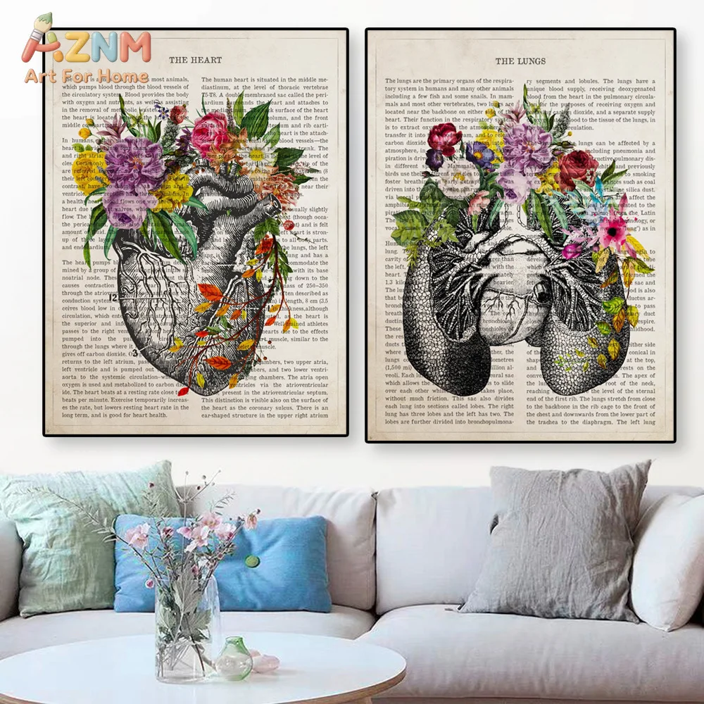 AZNM Vintage Anatomy Floral Canvas Wall Art Brain Heart Lung Skull Flower Medical Book Page Print Unframed Canvas Clinic Office