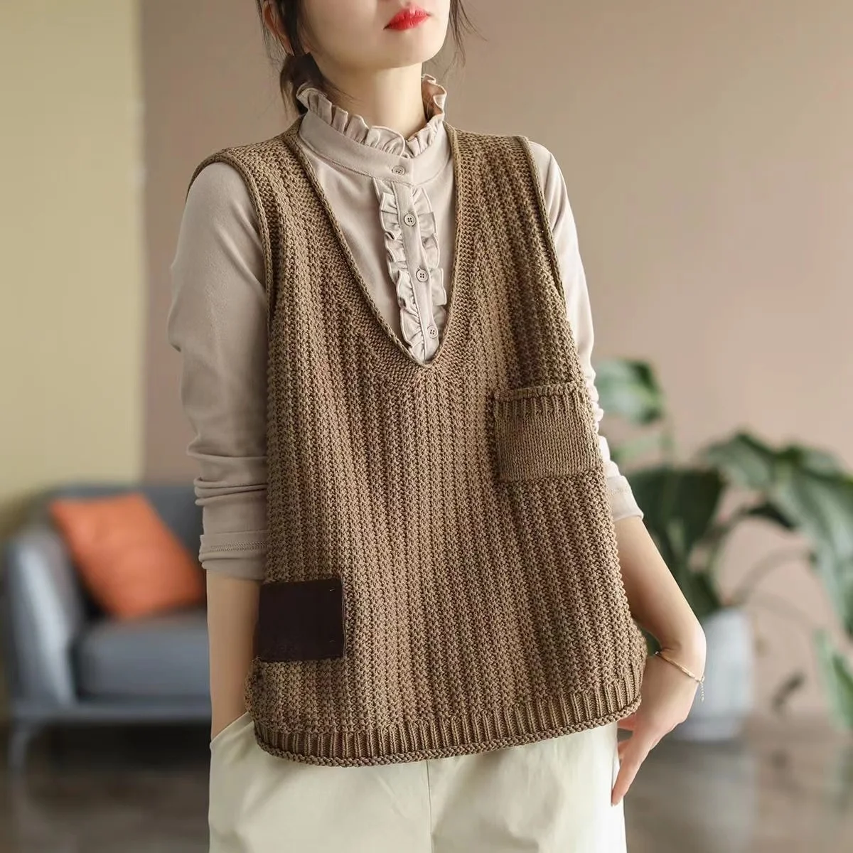 

Women's Knitted Vest Top Shoulder Openwork Outerwear Commute Style V-neck Regular Length Autumn Season Other Material