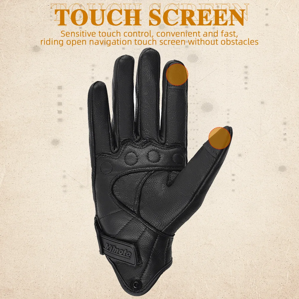 Retro Leather Motorcycle Riding Gloves, Touch Screen Anti-slip Anti-impact Full Finger Gloves for Men Women All Season