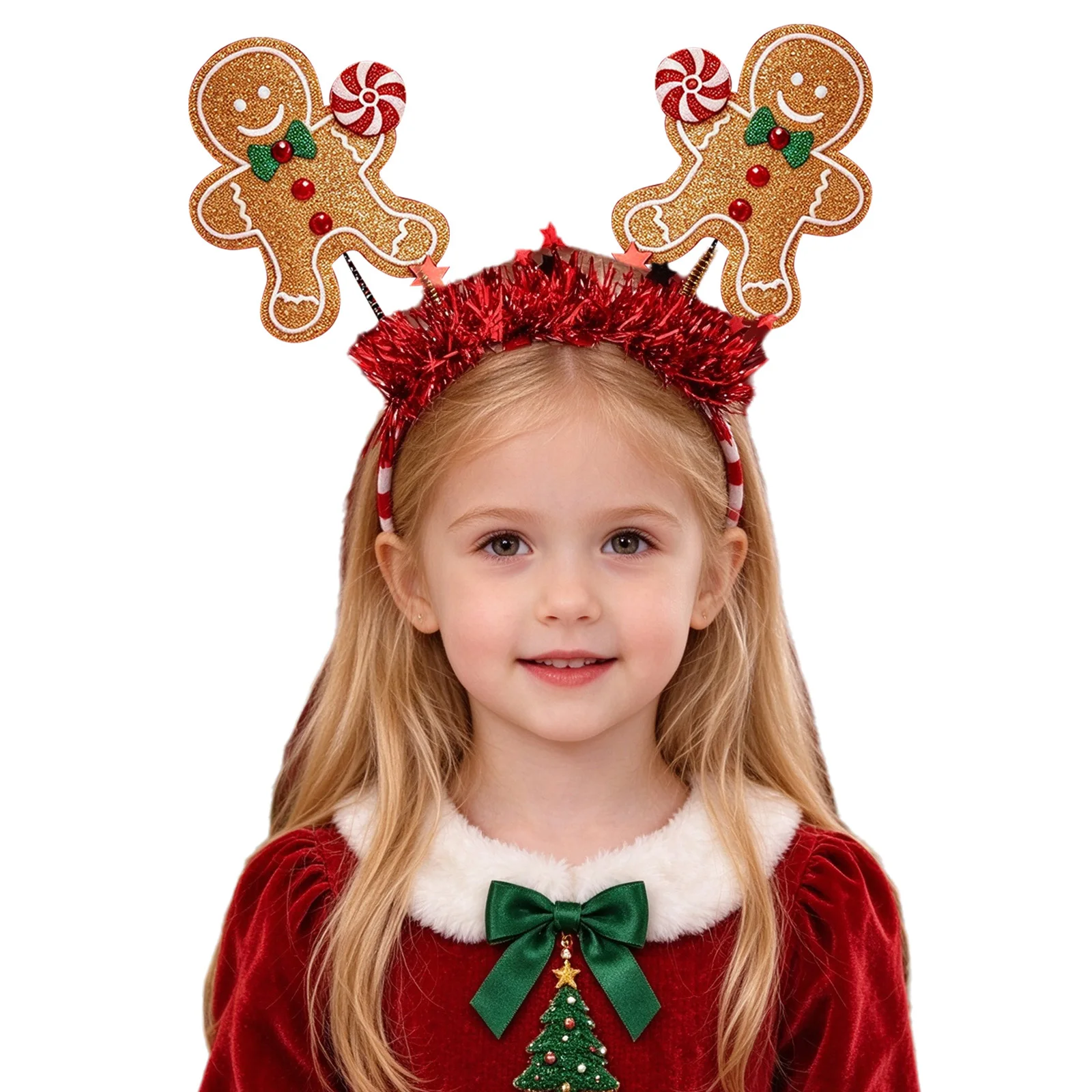 Christmas Headwear Spring-loaded Gingerbread Man Tinsel Star Decor Headband Striped Hair Hoop for Party Decoration 4