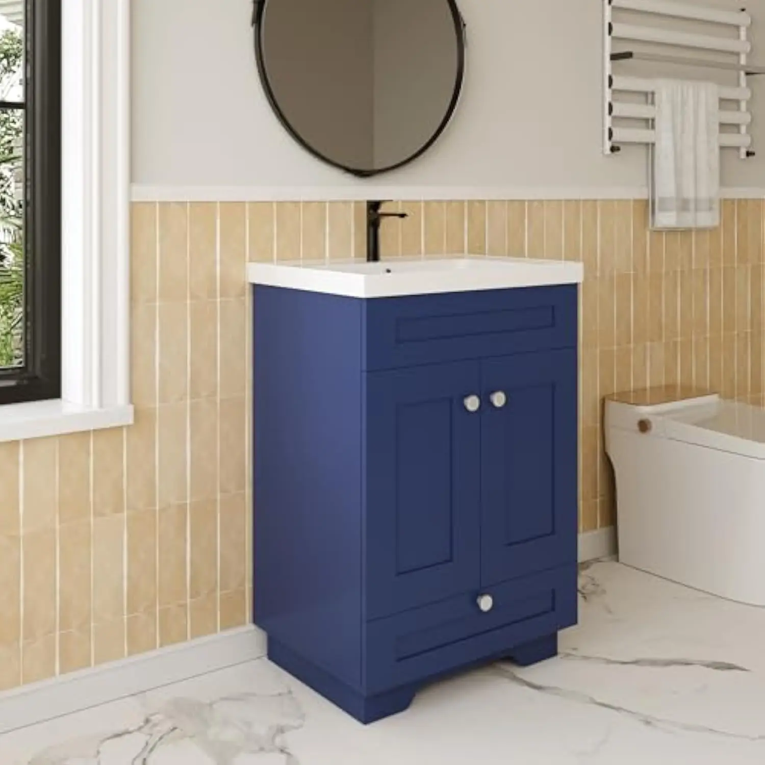 24 Base per lavabo da bagno, mobile con base per lavabo da pavimento con cassetto Soft Close e 2 ante, pomelli, blu navy