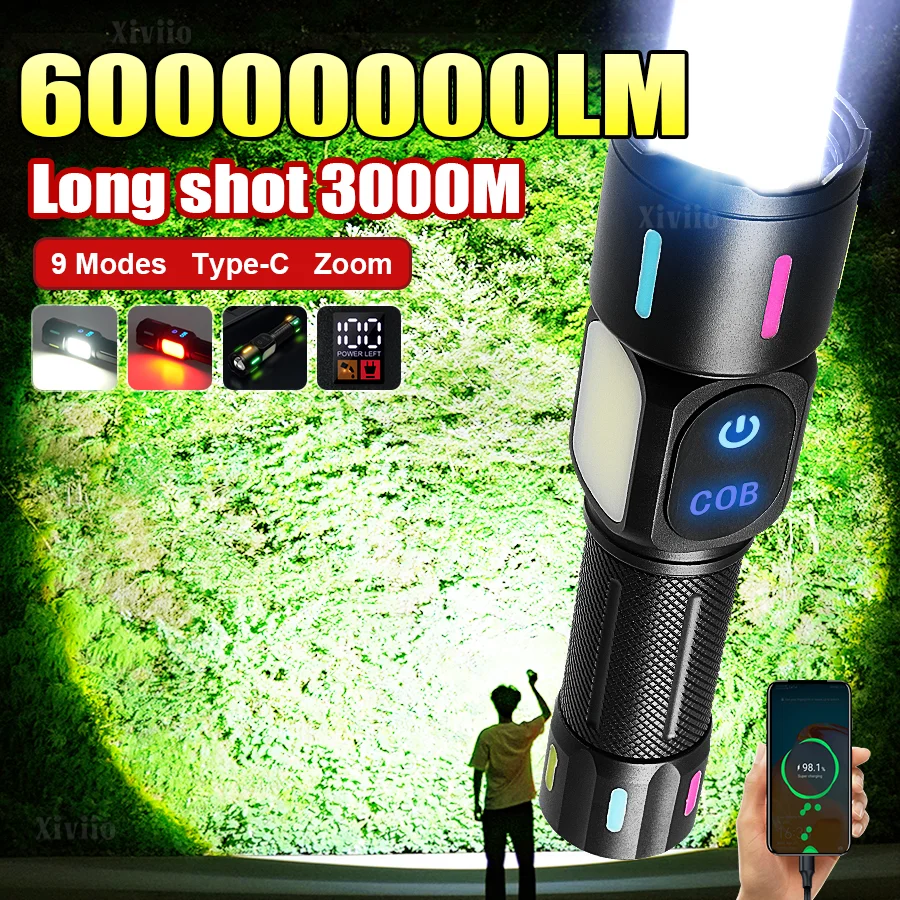 60000000LM Most Powerful LED Flashlight Rechargeable 18650 Torch Strong Light Long Shot 3KM Flashlights Work Fluorescent Lantern