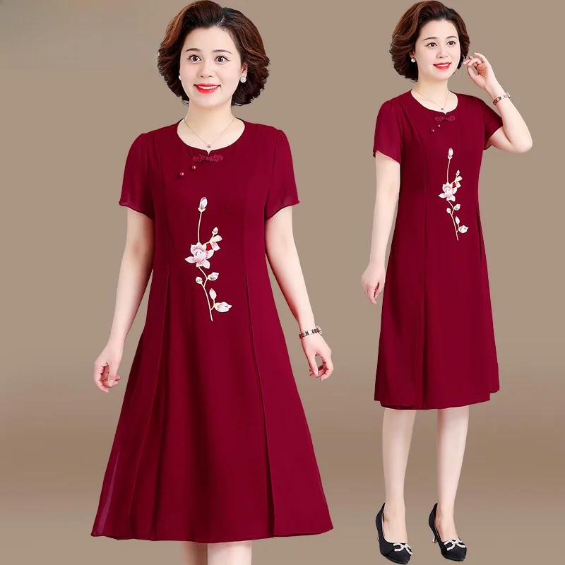 

Summer ort Sve Wedding Dr Middle Age Women's Clothing Korean Sle round Ne Loose Fit Midi Dr for Wedding