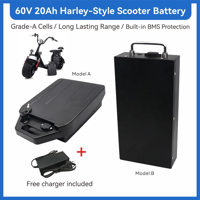 60V Lithium Battery For Harley‑Style Citycoco Scooter 20Ah 18650 A‑Grade Power Cells Built‑in BMS High Power Output ,Long Range