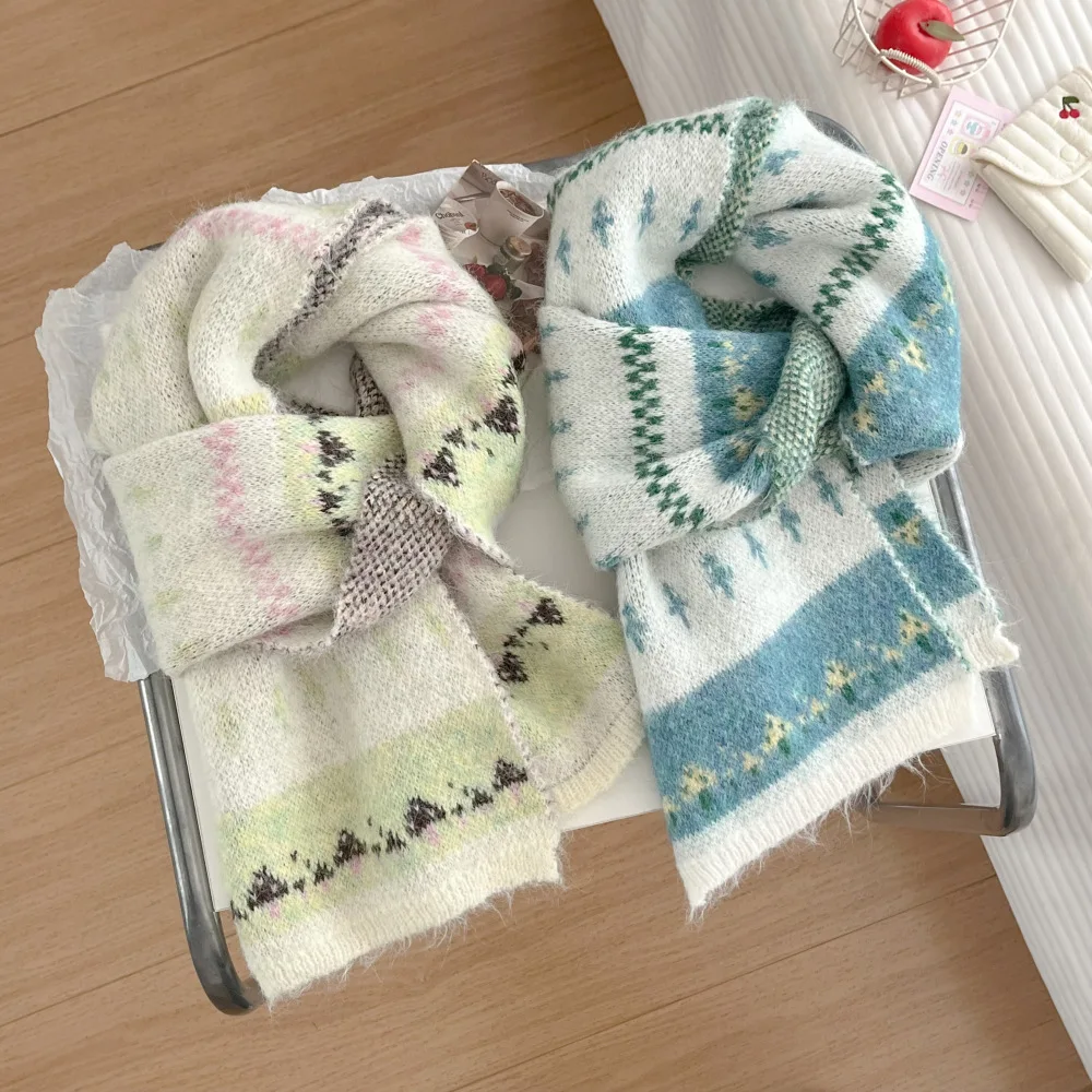 Retro Fair Isle Scarf Women Knitted Thick Warm Winter Mushroom Design Fashion