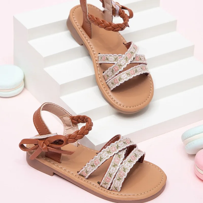 Summer Girls Printed Bow Princess Sandals Kids Soft Sole Non-slip Buckle Beach Shoes Children Woven Hollow-out Casual Sandals