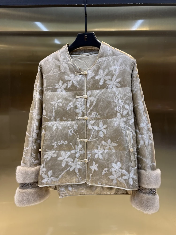 

New Chinese Style Silk Embroidered Pearl Goose down Jacket Outerwear Autumn Winter Thickened Long Sleeve Plant Floral