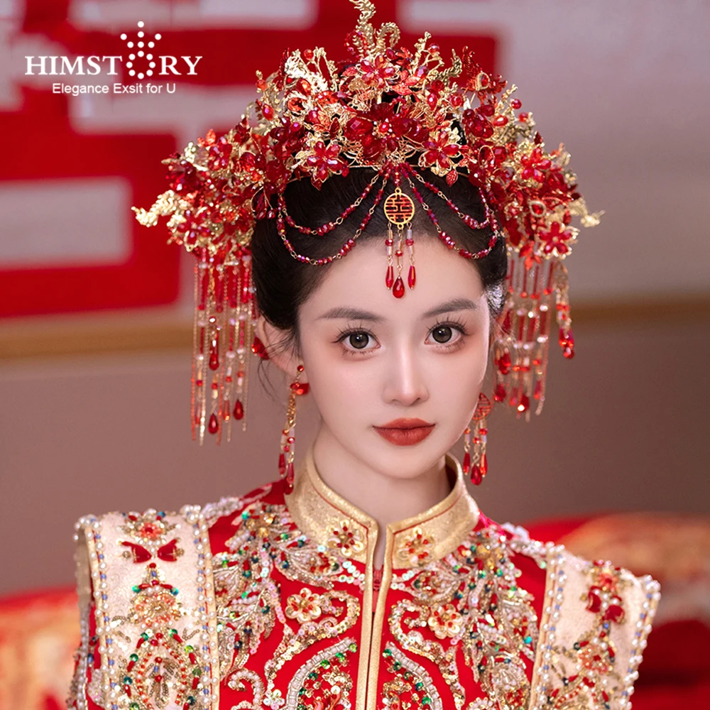 HIMSTORY Retro Chinese Wedding Crystal Red Phoenix Crown Headdress Queen Princess Bride Xiuhe Hair Accessories