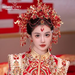 HIMSTORY Retro Chinese Wedding Crystal Red Phoenix Crown Headdress Queen Princess Bride Xiuhe Hair Accessories