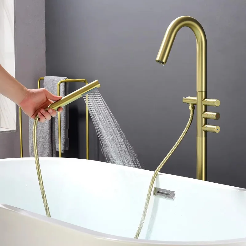 Luxury Brass 3 handle tub filler free standing Brush gold bathtub faucet handheld shower tub faucet with spray Top Quality Grey