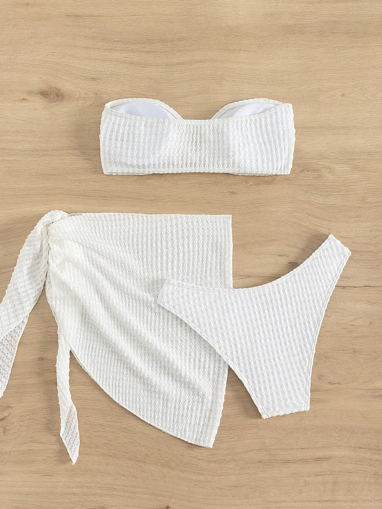 

White Textured 3 Piece Bikini Set Bandeau Top High Cut Bottom Beach Skirt