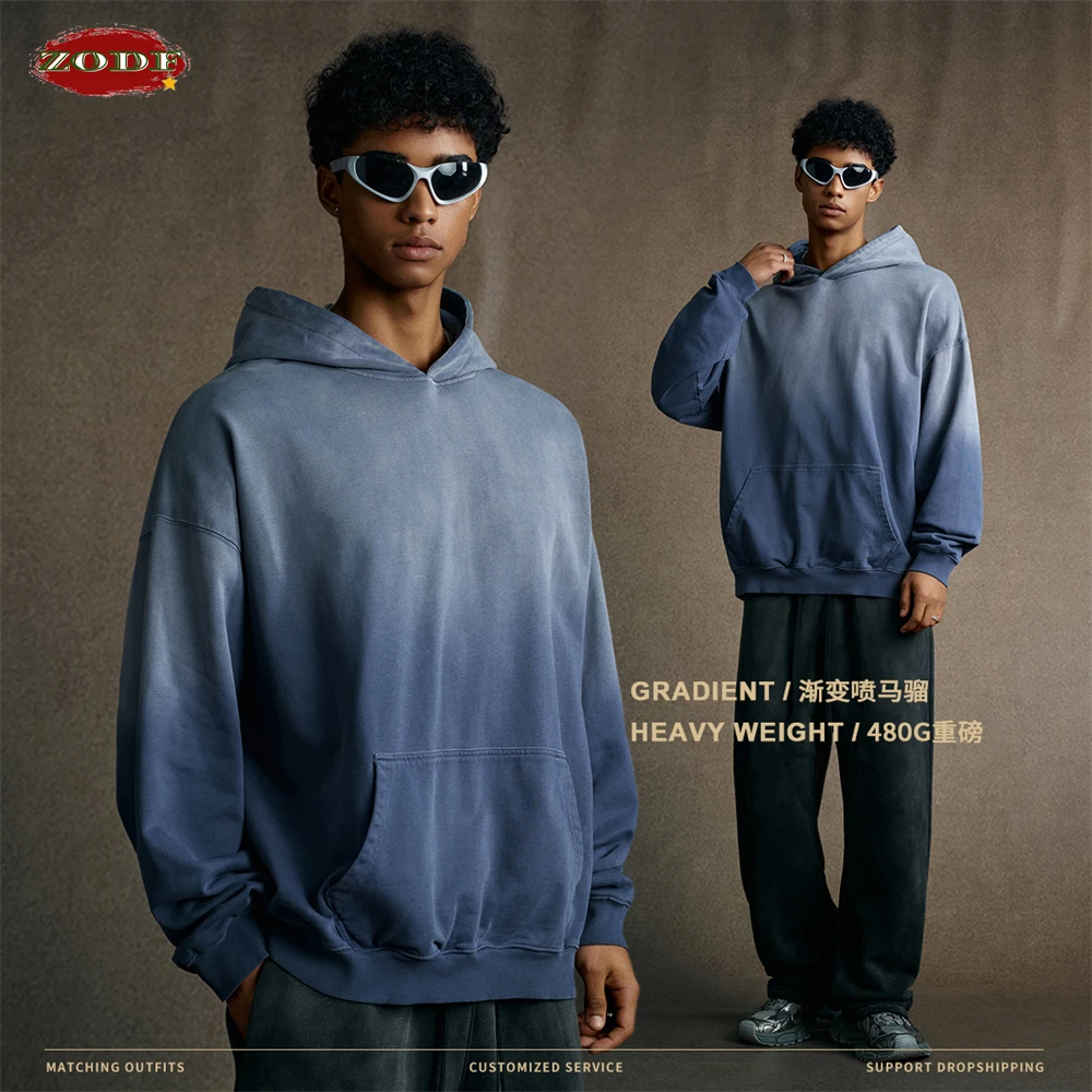 ZODF Vintage 480gsm Monkey Washed Gradient Cotton Hoodies For Man Unisex Retro High Street Distressed Hooded Pullovers  HY1147