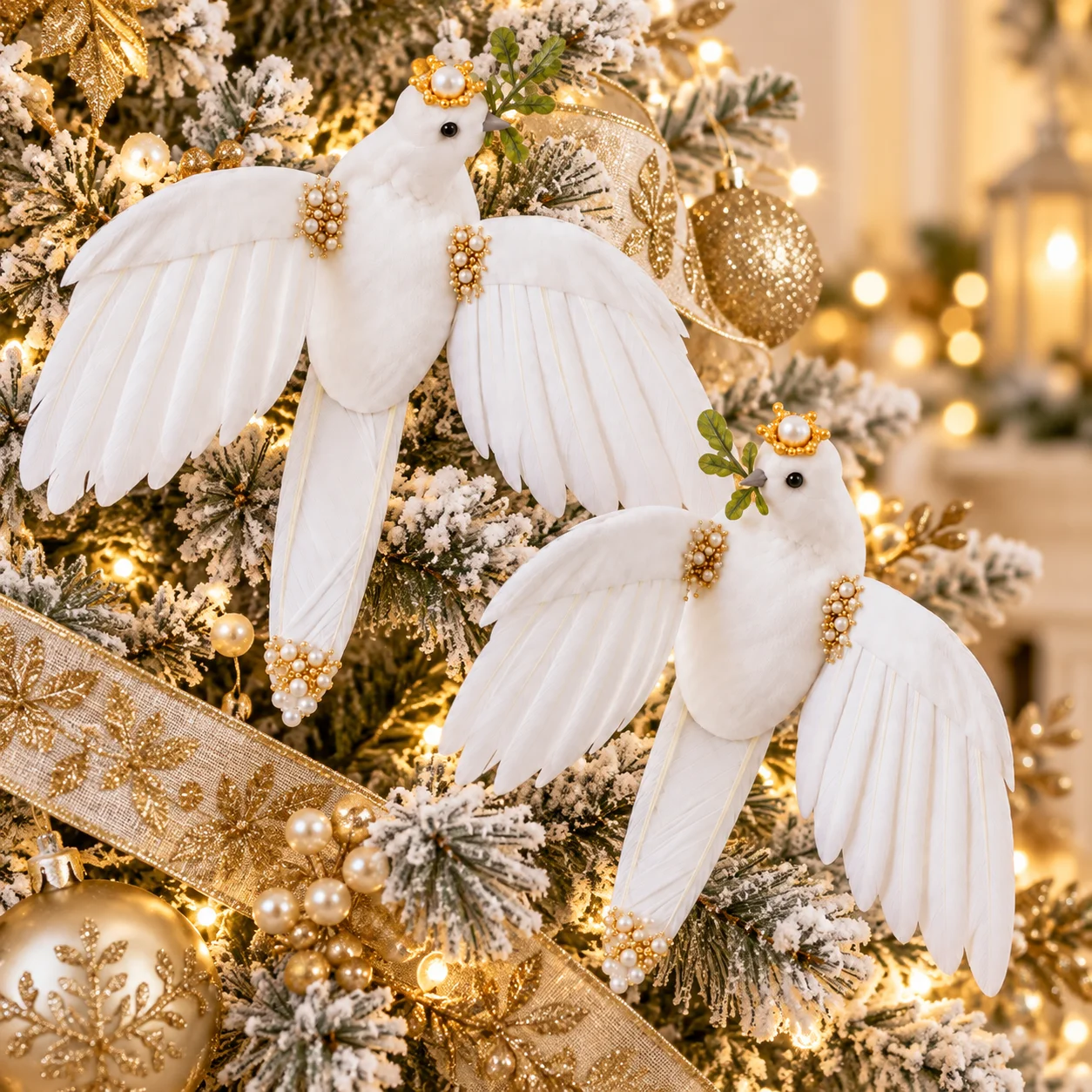 2PCS Artificial Dove Bird Ornaments White Feather Dove Figurines for Wedding Home Garden Tree Decor