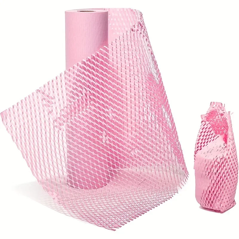 Pink Honeycomb Kraft Paper Roll - Shockproof Cushioning Material for Transport & Gift Wrapping