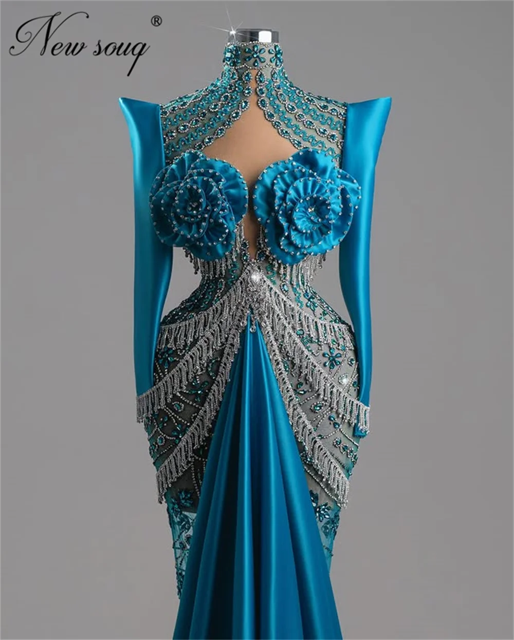 

Blue Beaded Crystals Evening Dresses Elegant Dubai Mermaid Pageant Dress Long Sleeves Birthday Bridal Party Dress Customized