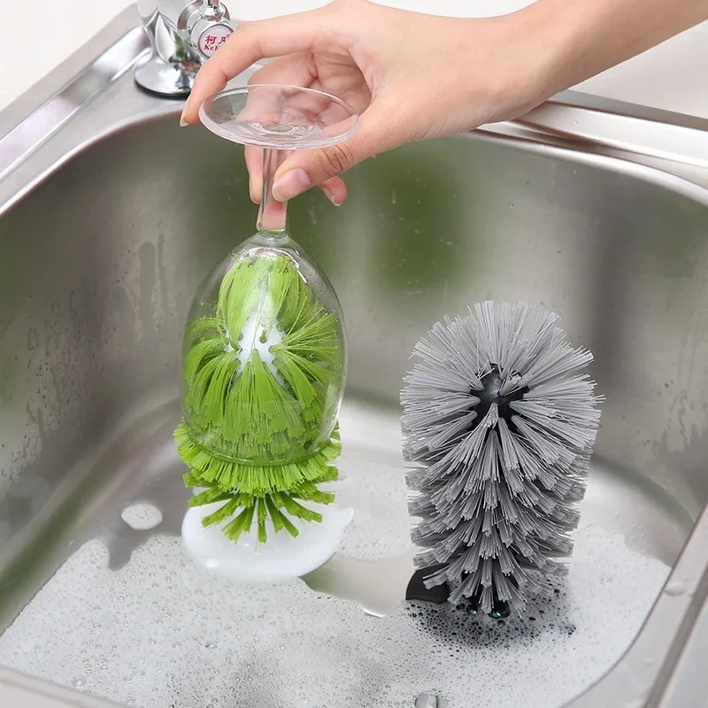 Sink Suction Cup Brush for Wine Glasses Mugs Bottles Durable Bristles Grip Upright Stability Cleaner Glass Brush with Suction Cu