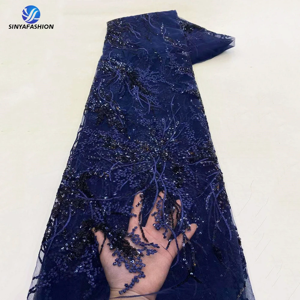 

Sinya Navy Blue African Sequins Lace Fabric 2023 5 Yards High Quality French Nigerian Bridal Lace Fabric For Wedding Party Dress