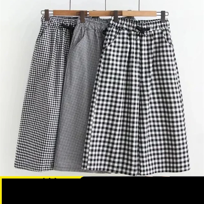 Seven Quarter Pants for Women's Summer New Elastic Waist Loose Drawstring Plaid Wide Leg Casual Pants Vintage Fashion Clothing