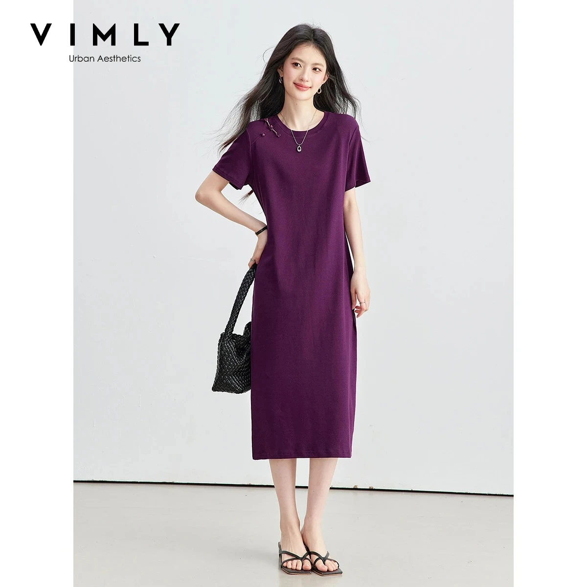 VIMLY Rundhals Froschknopf T-Shirt-Kleider für Damen 2026 Sommer Schlitzsaum Design Lässiges Büro Gerades Strick-Midikleid A6372