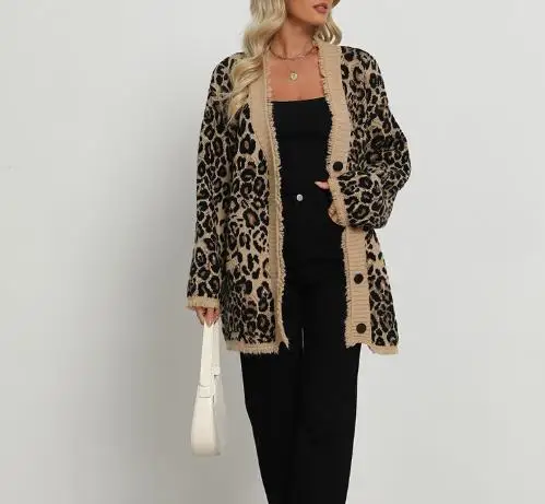 

Fashion Leopard Print Jacquard Sexy Tassel Sweater for Women's Winter Casual Loose Button Long Sleeved Knitted Jacket