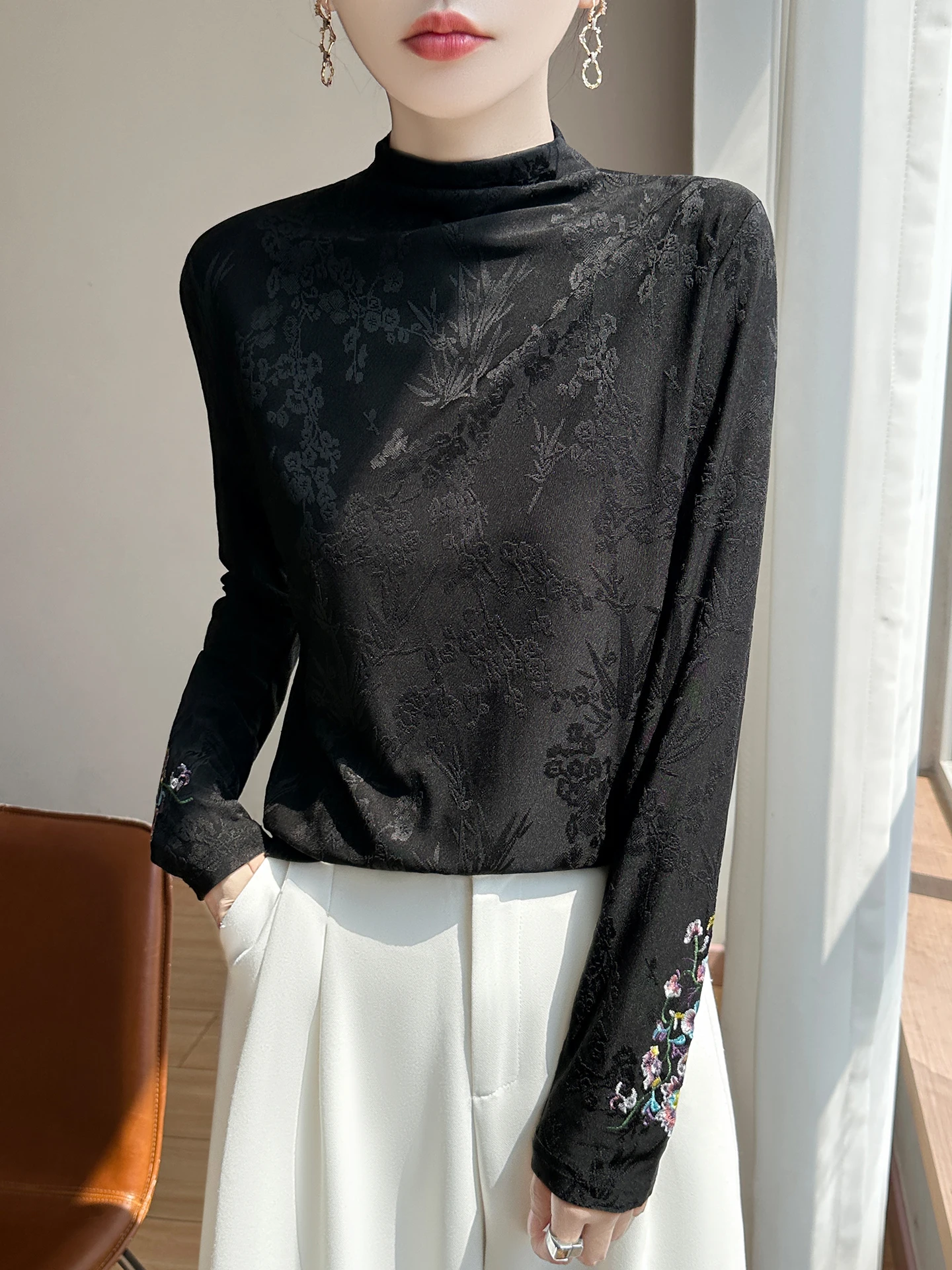 

Женская теплая блузка с длинным рукавом и вышивкой, с высоким воротником, в китайском национальном стиле