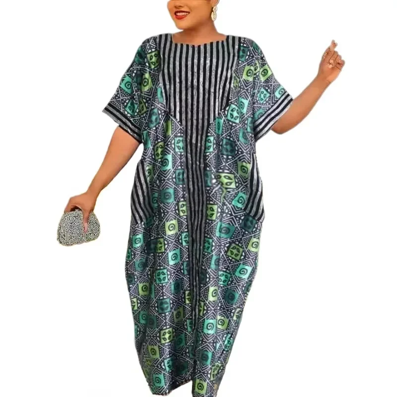 

2025 African sequin-printed loose robe with headscarf large size robe dress for women african dresses for women