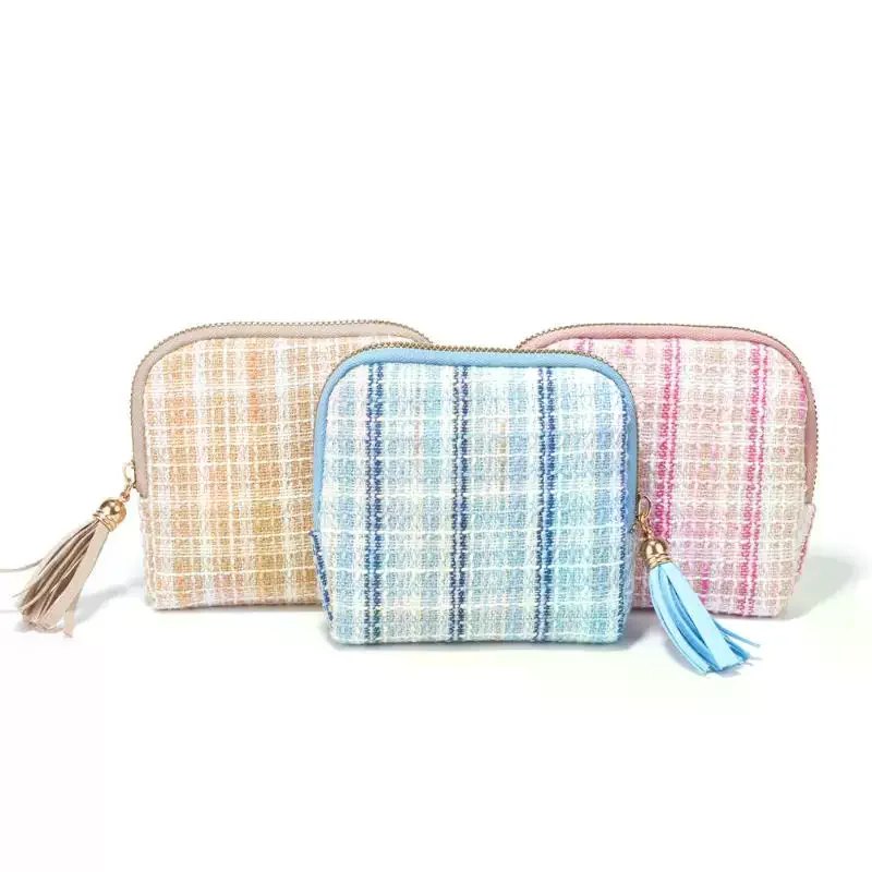 Tweed Small Cosmetic Bag With Tassel Zipper Soft Lining Perfect For Storing Lipstick Jewelry Coins Travel Daily Use